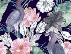 welur tapicerski akwarela kwiaty ptaki